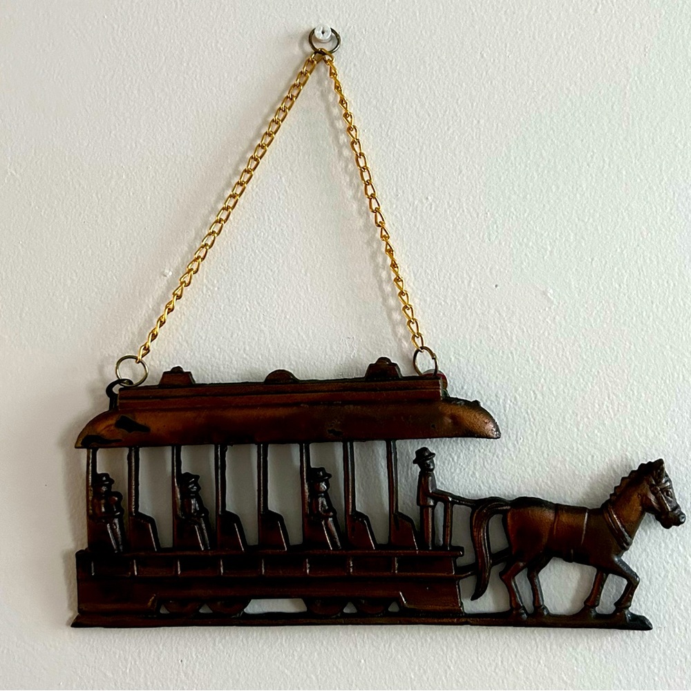 Vintage die cast horse drawn trolley cast iron bronze ? Wall hanging plaque